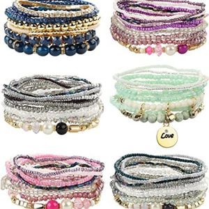 FIBO STEEL 6 Sets Bohemian Stackable Bead Bracelets for Women